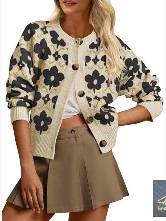 Sweaters - Floral Cardigan Sweater Long Sleeve Open Front Button Down Knit Retro